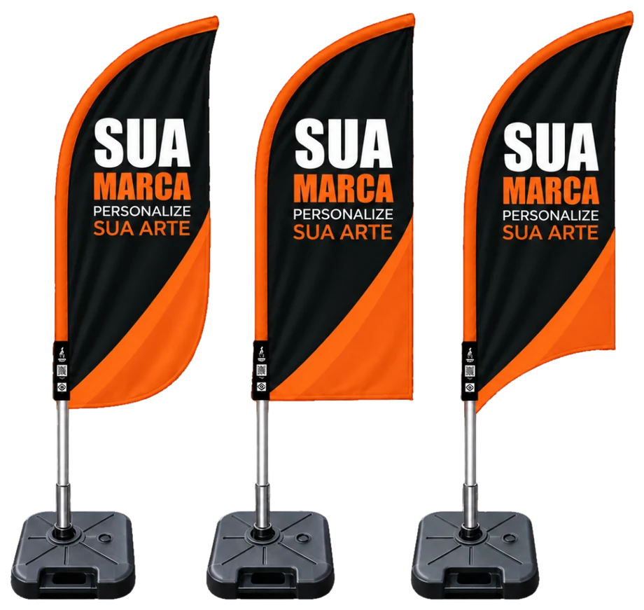 Três wind banners personalizados em preto e laranja, com mastro e base quadrada