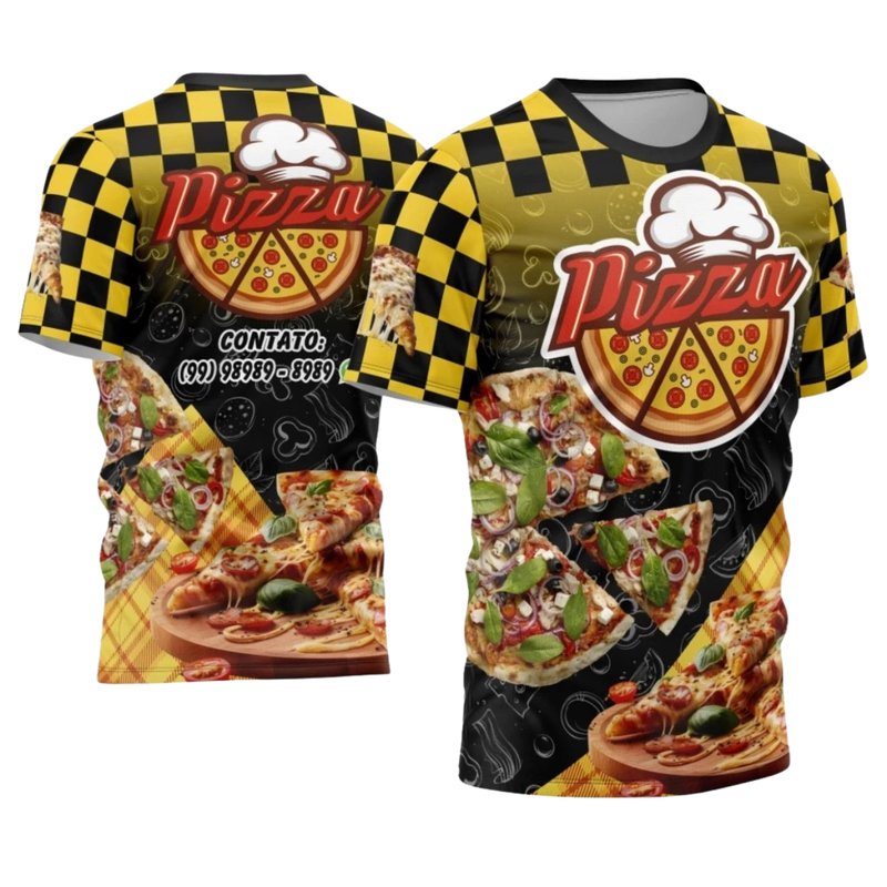 Camiseta de manga curta com estampa personalizada de pizzaria, frente e costas