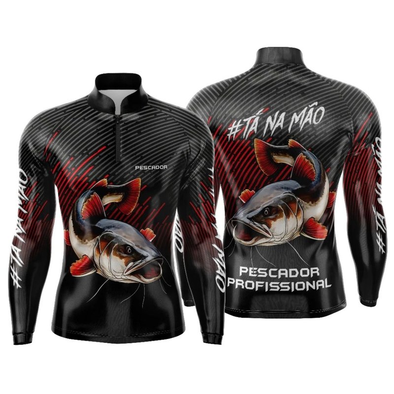 Camiseta de manga longa com proteção e estampa personalizada de pesca, frente e costas
