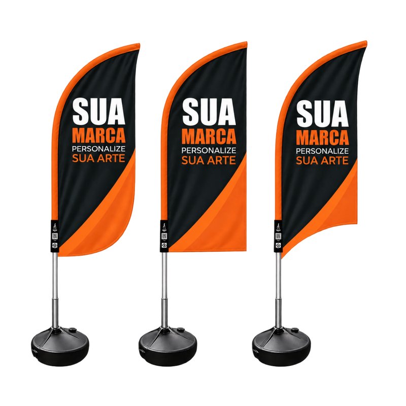 Três modelos de wind banner personalizados em preto e laranja, com base redonda